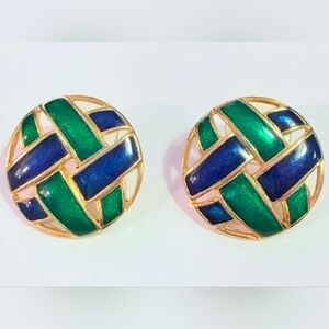 Kayes Vintage 24K Gold Plated Woven Enamel Clip On Knot Earrings Green Blue